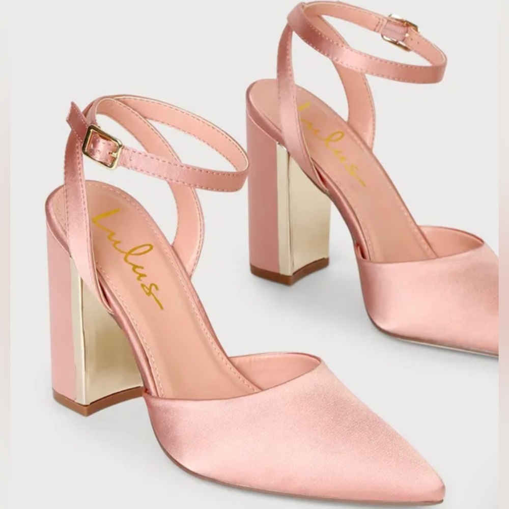 Laura II Rose Gold Satin Ankle Strap Pointed-Toe Pumps